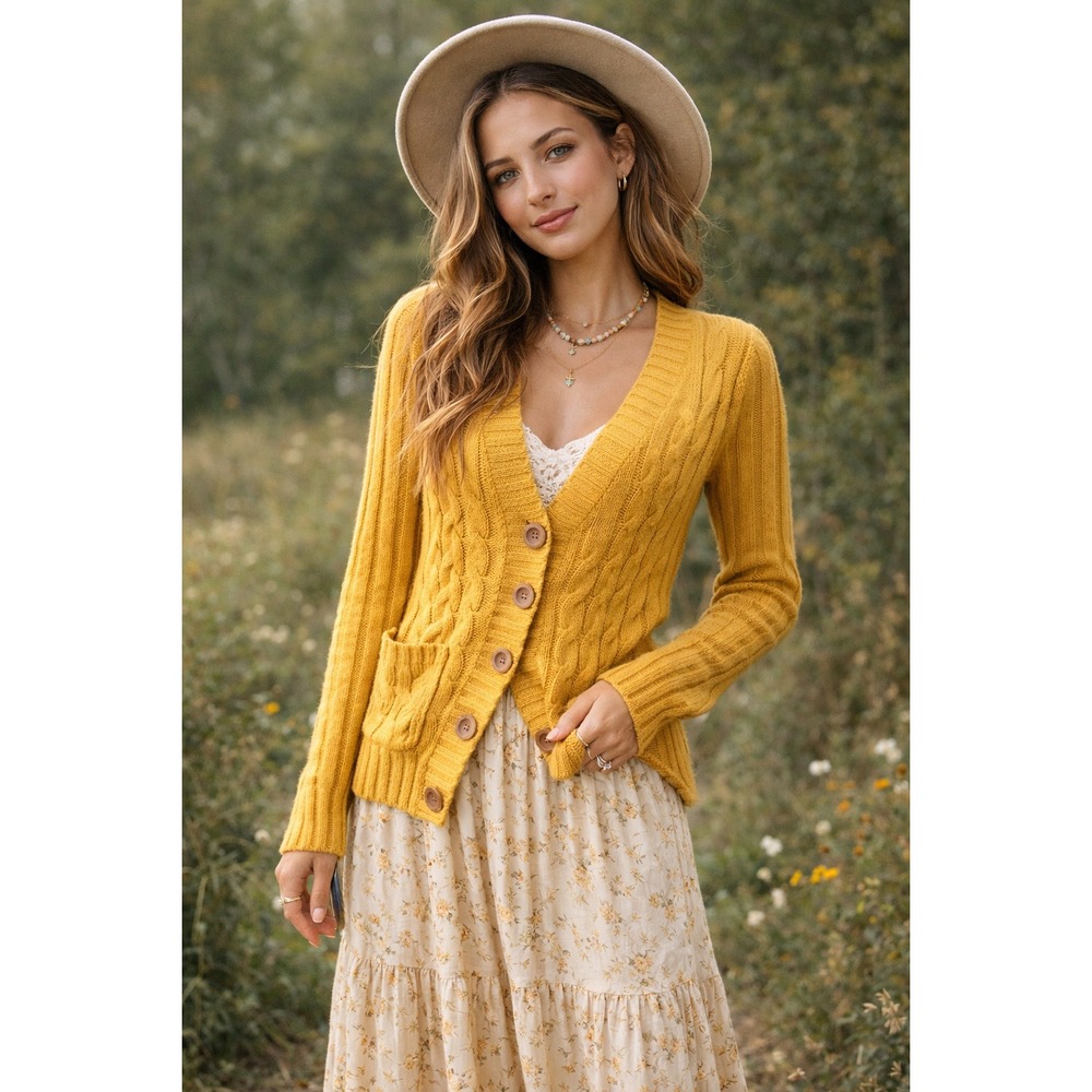 Mustard Yellow Large Cable Knit Button Front Cardigan Retro Softgirl Grandmacore